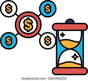A graphic of a clock with a dollar sign on the left side and a dollar sign on the right side