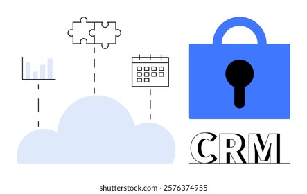 Graphic of a cloud connected to a chart, puzzle pieces, and a calendar, with a prominent lock symbol and CRM text. Ideal for cloud computing, CRM systems, data security, organizing business tasks