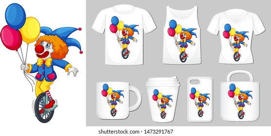 Graphic of clown on different types of product template illustration