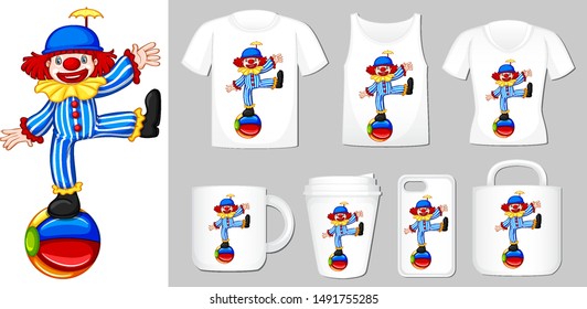 Graphic of clown on different types of product template illustration