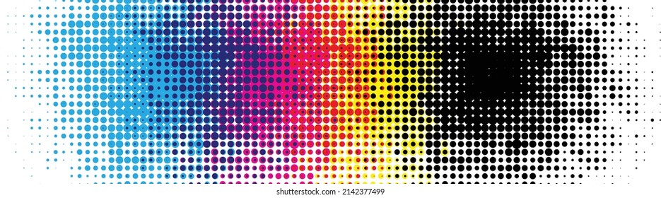 Graphic, CMYK Circles Prepress Color Cyan, Magenta, Yellow And Black.  Icon Or Pictogram. Cartoon Vector Rainbow Symbol. Cmyk, Pms Dots Or Points Background. Print Control Scales