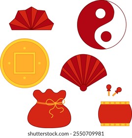 Graphic CNY elements set. red fav, bag, drum, gold coin and ying yang vector illustration on transparent background. New Year's Eve dinner, and festive decorations