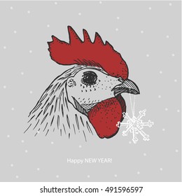 graphic cock with snowflake in its beak. vector.