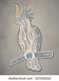 Graphic cockatoo parrot on a branch. Vector illustration