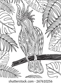 Graphic cockatoo parrot on a branch with tropical leaves. Vector illustration.