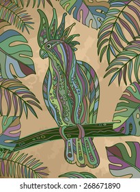 Graphic cockatoo parrot on a branch with tropical leaves. Vector illustration