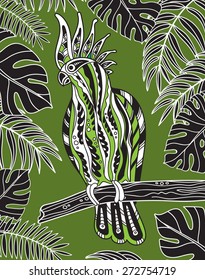 Graphic cockatoo parrot on a branch with tropical leaves. Vector illustration
