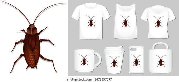 Graphic of cockroach on different types of product template illustration