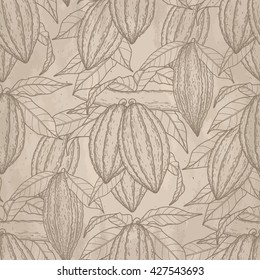 Graphic cocoa fruits on the branch on aged paper. Hand drawn exotic cacao plant. Vector seamless pattern