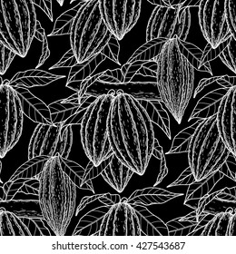 Graphic cocoa fruits on the branches. Hand drawn exotic cacao plants. Vector seamless pattern
