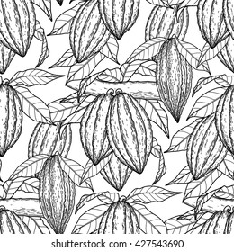 Graphic cocoa fruits on the branches. Hand drawn exotic cacao plants. Vector seamless pattern. Coloring book page design for adults and kids