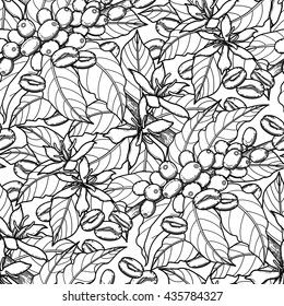 Graphic coffee beans, leaves and flowers. Vector seamless pattern. Coloring book page design for adults and kids