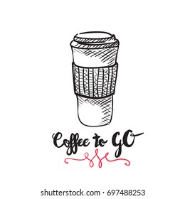 graphic coffee mug doodle icon with lettering design and decorative elements for coffee shop menu and banners.Vector hand drawn illustration