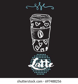 graphic coffee mug doodle icon with lettering design and decorative elements for coffee shop menu and banners.Vector hand drawn illustration