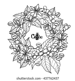 Graphic coffee wreath isolated on white background. Vector floral decoration. Coloring book page design for adults and kids