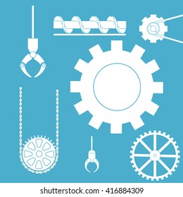 Graphic Cogs, sprockets, screw and grapples reversed out of a blue background.