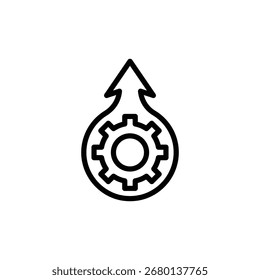Icono gráfico de rueda dentada rodeado por el símbolo de flecha en negro contra el fondo blanco, lo que sugiere progreso y mejora del sistema para la tecnología o el marketing temático de negocios.
