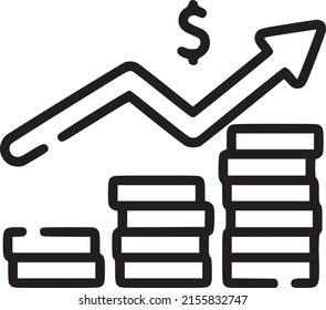 Gráfico, monedas e icono del vector de flecha. Ilustrador en aumento de negocios. Icono de vector financiero. EPS 