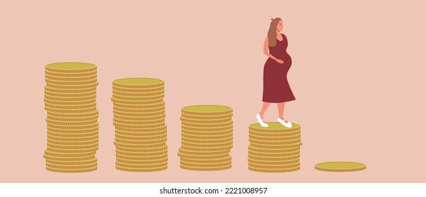 Graphic of coins and pregnant woman, flat vector stock illustration as concept of economic crisis, reduction of benefits for pregnant women