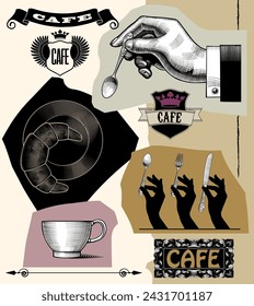 Collage gráfico con manos grabadas, platos, cubiertos, banners e insignias en estilo de dibujo vintage de color. Conjunto de elementos de diseño para el menú o la página del café. Ilustración de vector