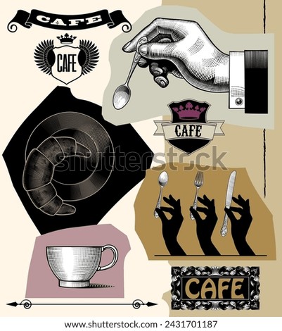 Graphic collage with engraved hands, dishes, cutlery, banners and badges in color vintage drawing style. Set of design elements for cafe menu or page. Vector illustration