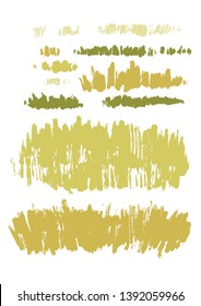 Graphic collection of abstract stainy grass drawn in the technique of rough brush. Vector design elements isolated on white background
