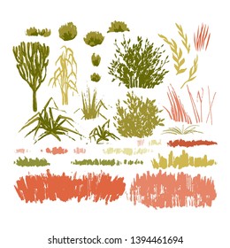 Graphic collection of abstract stainy plants drawn in the technique of rough brush. Vector grass, leaves and bushes isolated on white background