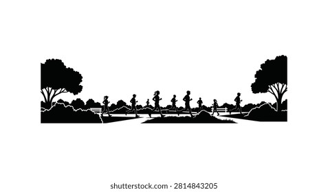 Graphic collection of active runners moving along winding path in public park surrounded by lush trees and nature environment scenery.