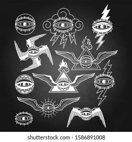 Graphic collection of all-seeing eye with wings, clouds, and falming triangle. Vector art for old school tattoo design