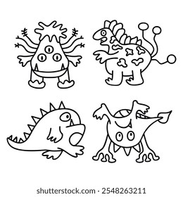 Graphic collection of cartoon alien creatures drawn black lines.Monsters set isolated on white background.Kids coloring page with funny characters.Vector design for use in banner,stickers,card.