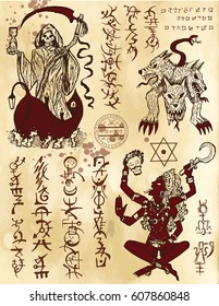 Graphic collection with death religious and mystic symbols. Hand drawn engraved vector illustration. There is no foreign text in the image, all symbols are imaginary and fantasy ones. 