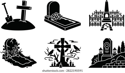 Graphic collection depicting various cemetery elements from gravestones to crosses ideal for memorial services or spooky seasonal promotions.
