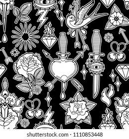 Graphic collection of different patches inspired by old school tattoo arts. Traditional design. Vector seamless pattern. Coloring book page for adults and kids