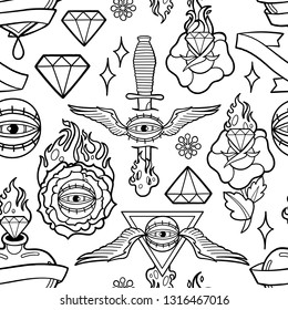 Graphic collection of different patches inspired by old school tattoo arts. Traditional design. Vector seamless pattern. Coloring book page for adults and kids
