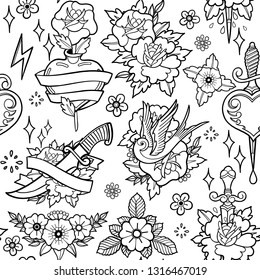Graphic collection of different patches inspired by old school tattoo arts. Traditional design. Vector seamless pattern. Coloring book page for adults and kids