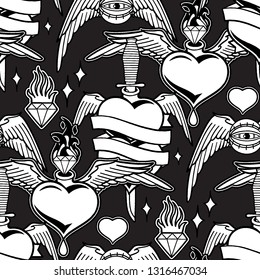 Graphic collection of different patches inspired by old school tattoo arts. Traditional design. Vector seamless pattern. Coloring book page for adults and kids