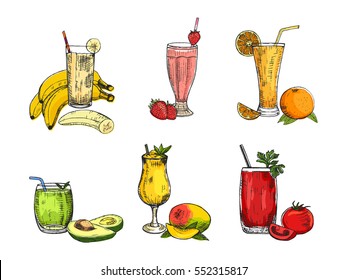 Graphic collection of different smoothie. Vector avocado, banana, mango, orange, strawberry, and tomato beverages. Fruity set used for poster, advertising menu or recipe book design.