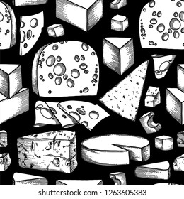 Graphic collection of different types of cheese. Vector seamless pattern