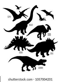 Graphic collection of dinosaurs silhouettes isolated on white background. Vector herbivorous and predatory reptiles of the prehistoric period