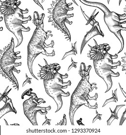 Graphic collection of dinosaurs. Vector seamless pattern drawn in engraving technique. Coloring book page design.