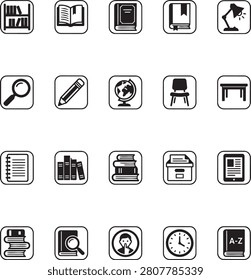 Graphic collection of education library and learning icons inside square frames featuring books bookshelves pencils globes lamps magnifying glasses notebooks and school supplies.