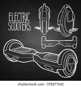 Graphic collection of electric scooters drawn in line art style. Mono wheel and hoverboard isolated on chalkboard. Modern environmental transportation technologies. 