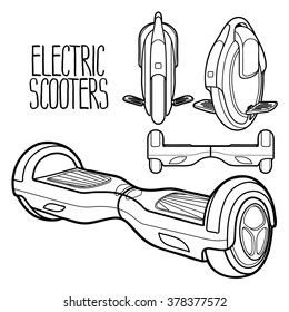 Graphic collection of electric scooters drawn in line art style. Mono wheel and hoverboard isolated on white background. Modern environmental transportation technologies. Coloring book page design 