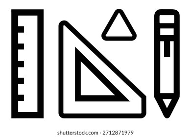 A graphic collection of essential geometry tools including a ruler a set square a triangle and a pencil symbolizing measurement education and drafting design.