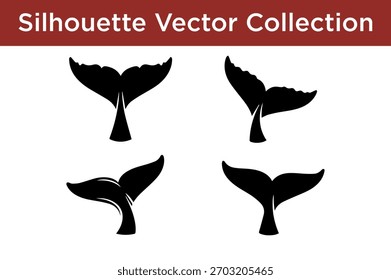 A graphic collection featuring four distinct black silhouette designs of whale tails on a white background.