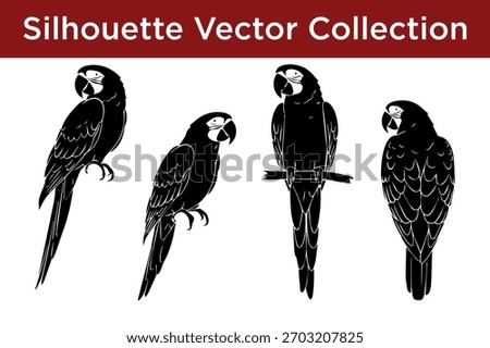 A graphic collection featuring four distinct black silhouettes of macaw parrots against a white background.
