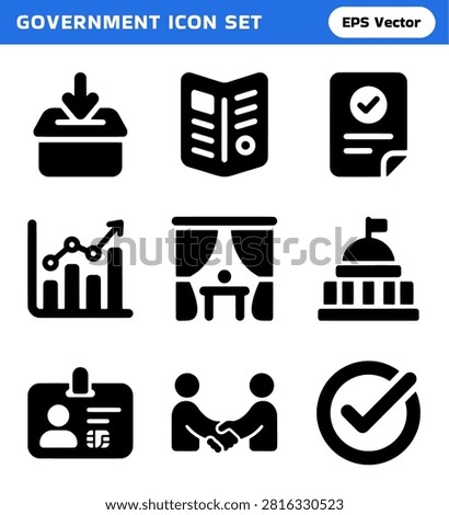 A graphic collection featuring nine distinct solid black icons that represent various aspects of government and civic engagement. Includes symbols for voting, legal documents, finance, diplomacy, identification, and approval.