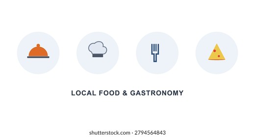 Graphic collection featuring platter cover chef hat fork and pizza slice icons representing local food and gastronomy.