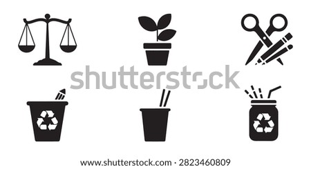 Graphic collection featuring scale of justice plant pot scissors pencils recycling bin cup and glass jar elements.