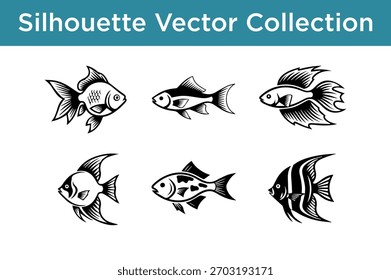 A graphic collection featuring six distinct black and white silhouette vector illustrations of various fish species.
